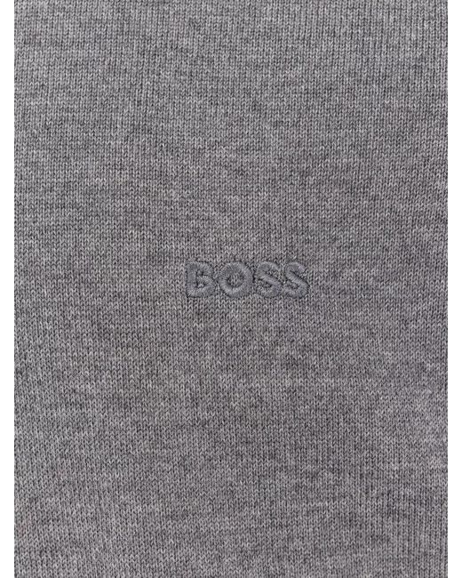 Boss Gray Virgin Wool Ribbed Crew-Neck Sweater for men