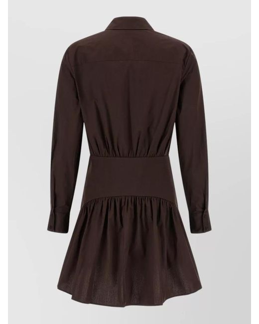 Staud Brown Rocco Dress Cuffed Sleeves Gathered Skirt Waistband