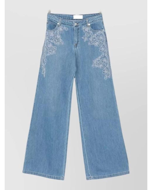 ERMANNO FIRENZE Blue Floral Embroidery Wide Leg Denim Trousers