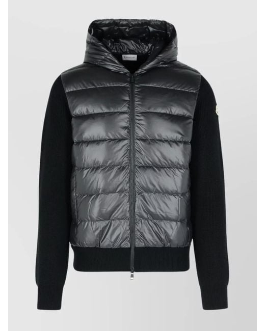 Moncler Black Hooded Quilted Sweater Ribbed Sleeves for men