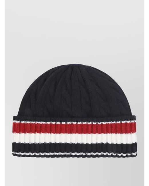 Thom Browne Blue Wool Cable Knit Beanie Striped Cuff for men