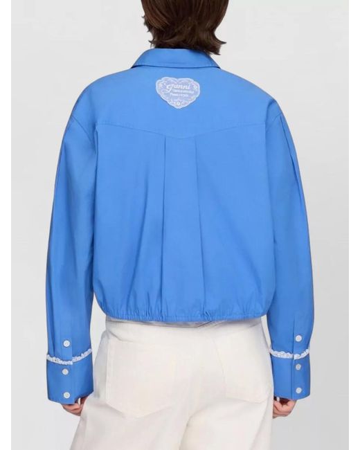 Ganni Blue Cropped Cotton Shirt Jacket