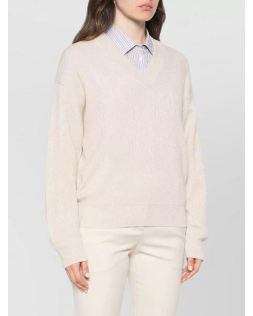Brunello Cucinelli Natural Silk Blend V Neck Long Sleeve Knit