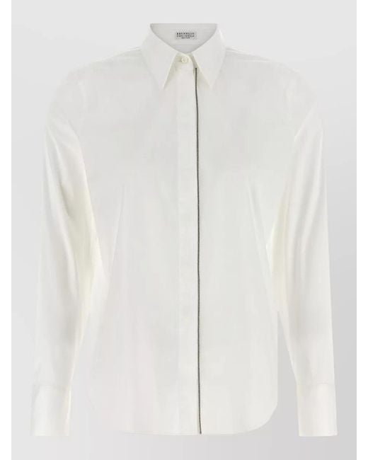 Brunello Cucinelli White Stretch Cotton Poplin Shirt Shiny Trim