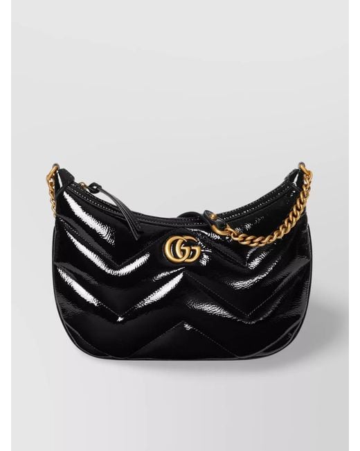 Gucci Black Gg Marmont Small Patent Leather Shoulder Bag