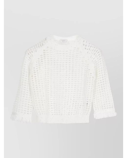 Peserico White Cotton Crewneck Sweater Sequins Perforated Knit