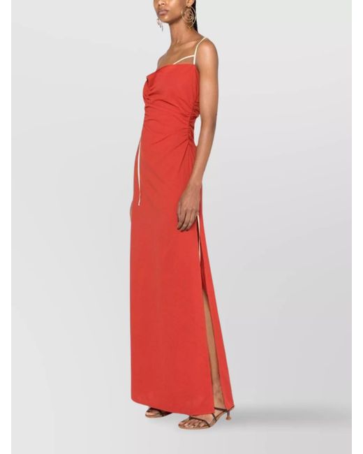 Jacquemus Cotton Draped Gathered Square Neck Spaghetti Strap Ankle-Length Dress