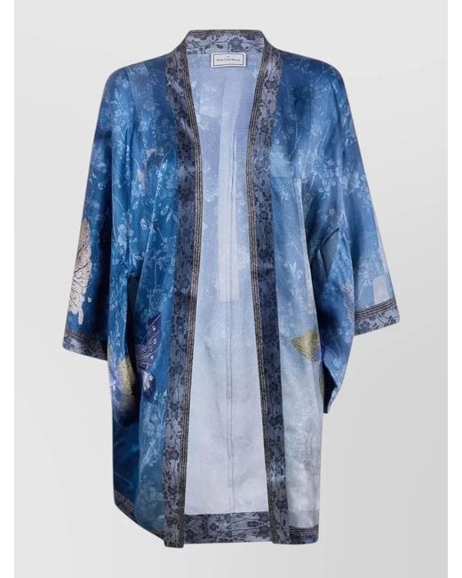 Pierre Louis Mascia Blue Silk Kimono Robe Floral Pattern Satin