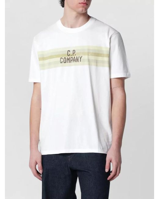 C P Company White Crew Neck Short Sleeve Striped Shirt for men