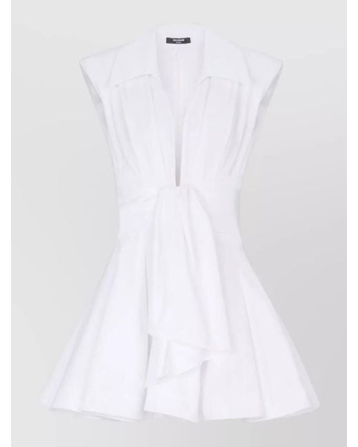 Balmain White Knee Length Dress Deep V Neck Tie Waist