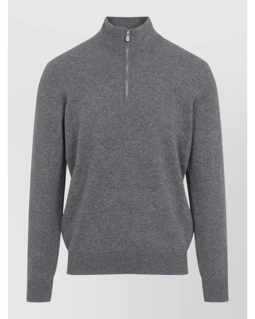 Brunello Cucinelli Gray Cashmere Half Zip Long Sleeve Sweater for men