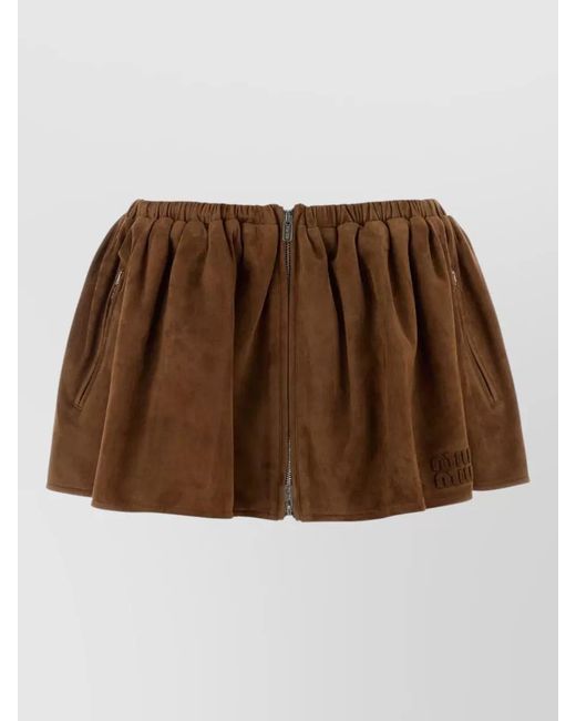 Miu Miu Brown Suede Mini Skirt Pleated Elastic Waistband
