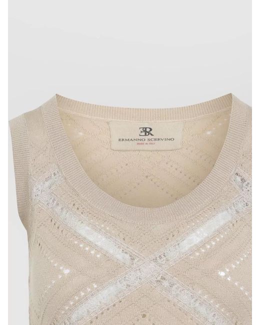 Ermanno Scervino Natural Sleeveless Knit Top Lace Inserts
