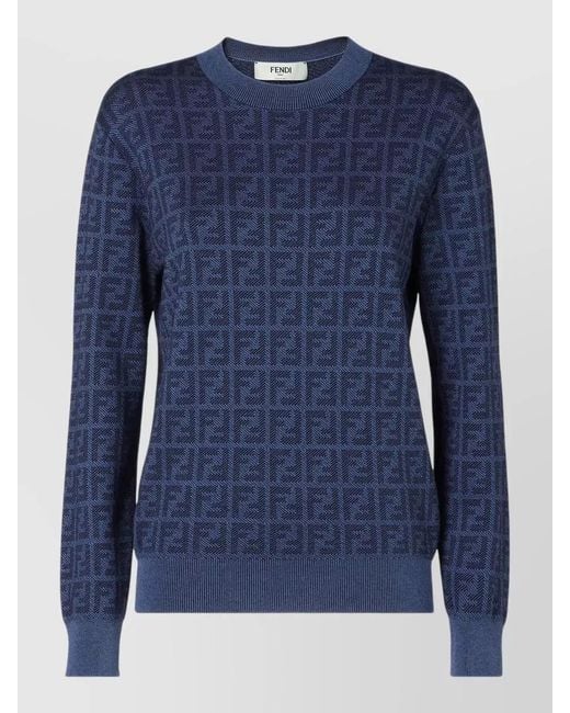 Fendi Blue Wool Silk Ff Crew Neck Jumper