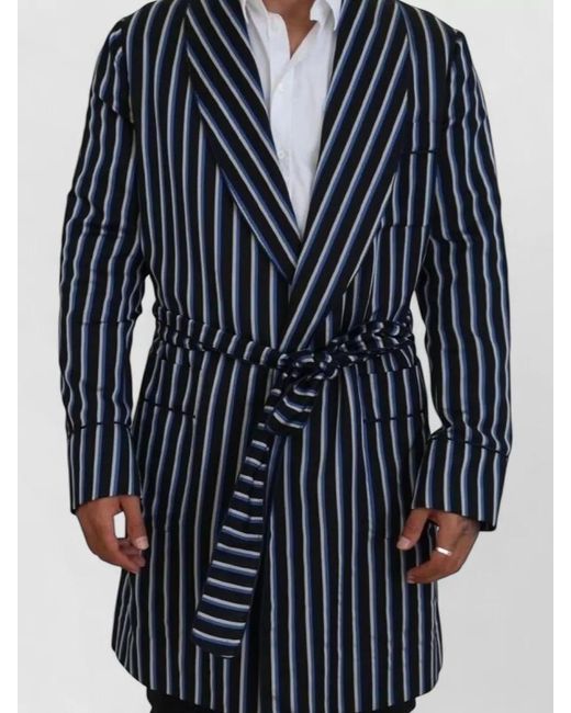 Dolce & Gabbana Blue Silk-Blend Striped Long-Sleeve Robe for men