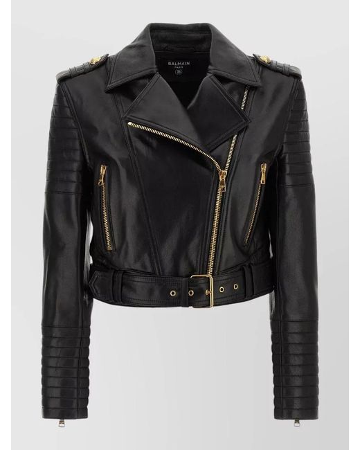 Balmain Black Leather Jacket Tone Hardware Epaulettes