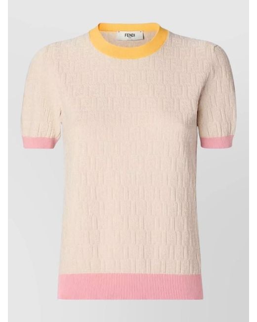 Fendi Pink Textured Crew Neck Knit Top Short Sleeves