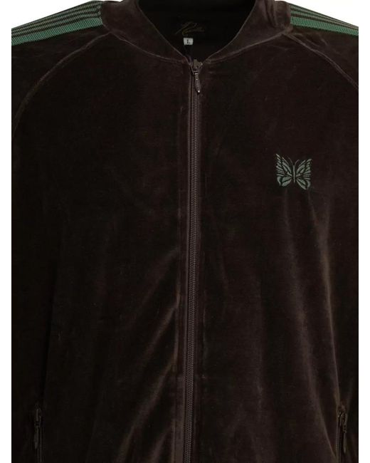 Needles Black Track Zip Sweatshirt Ribbed Cuffs Pockets Stripes for men