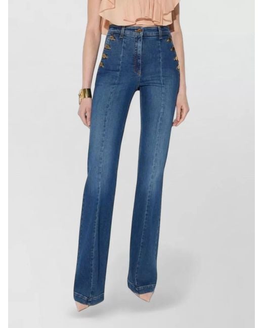 Elisabetta Franchi Blue High Rise Flared Denim Trousers Button Detail