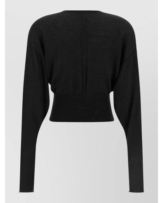 Rick Owens Black Cropped Knit Top Long Sleeves V Neckline