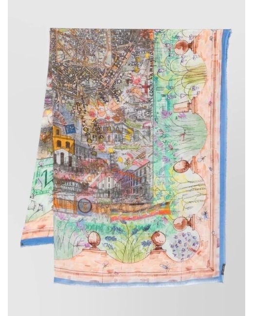 Faliero Sarti Gray Silk Blend Printed Fringed Scarf