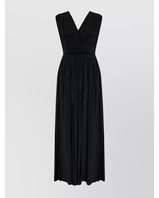 Max Mara Black Long Dress With Ruched Sleeves And V-Neck