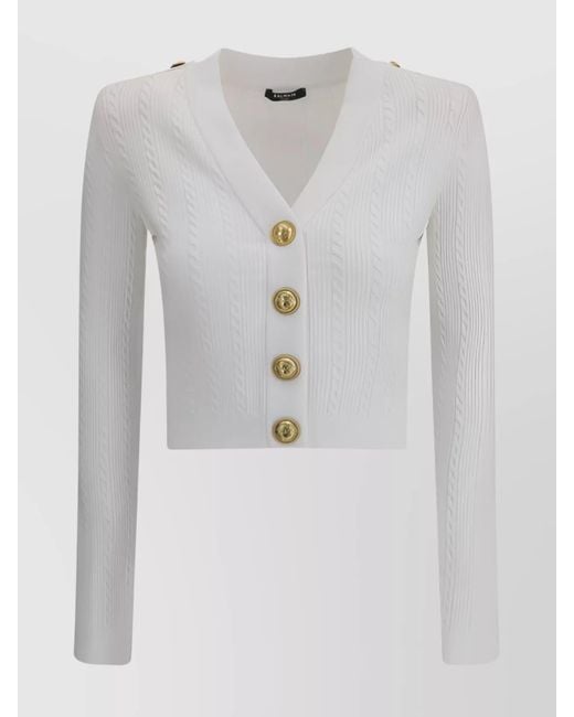Balmain White V-Neck Cable Knit Cardigan With-Tone Buttons