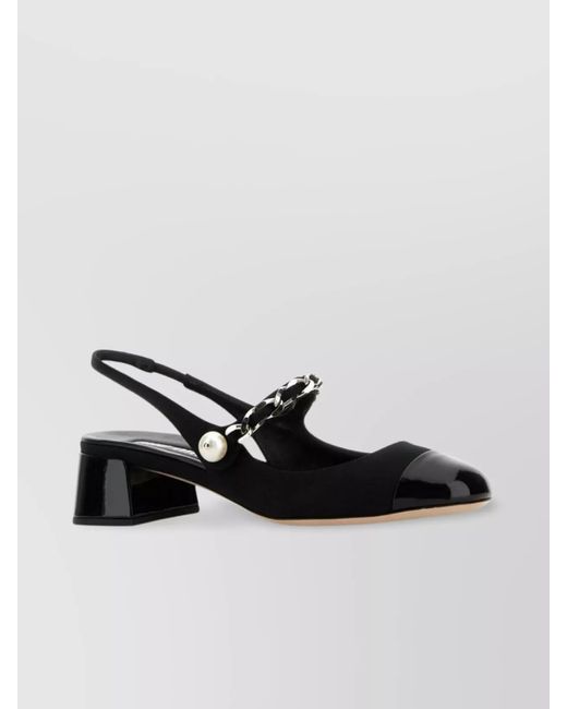 Miu Miu Multicolor Canvas And Leather Block Heel Pumps With Patent Toe Cap And Pearl Detail