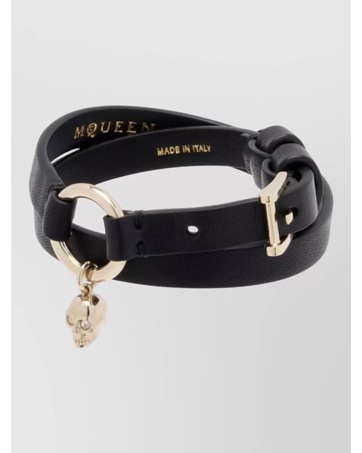 McQueen Black Leather Skull Charm Double Wrap Bracelet