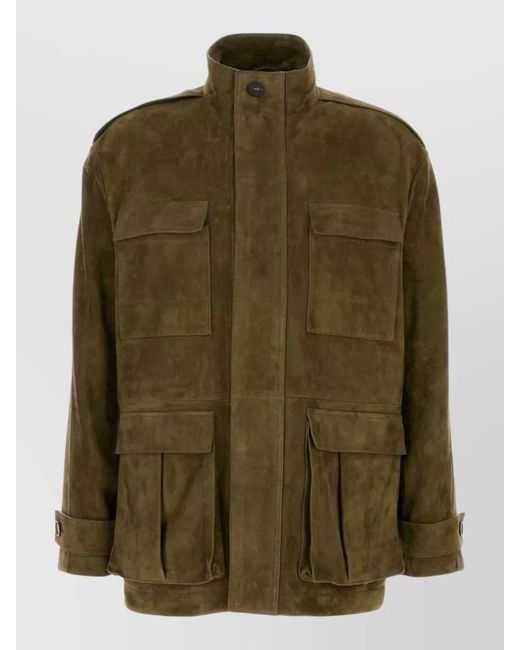 Ferragamo Green Suede Jacket Stand Collar Long Sleeves for men