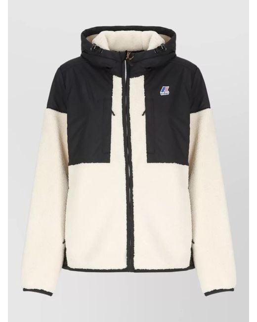 K-Way Black Short Hooded Jacket Color Block Sherpa