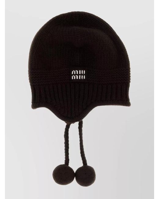 Miu Miu Black Knit Hat With Ear Flaps And Pom-Poms