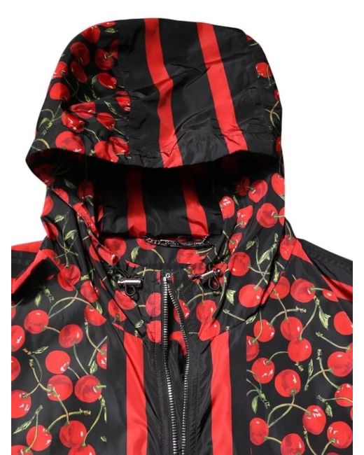 Dolce & Gabbana Red Cherry Print Hooded Windbreaker Jacket for men