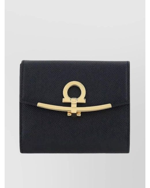 Ferragamo Blue Textured Leather Wallet With Refined Metal Accents