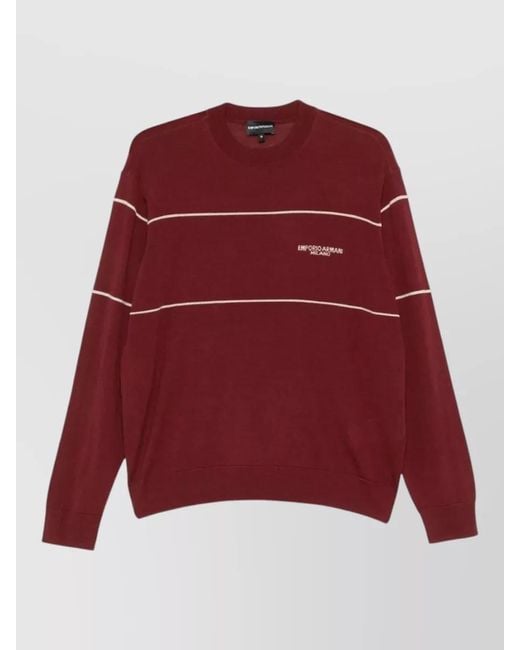 Emporio Armani Red Crew Neck Long Sleeve Ribbed Knit Top for men