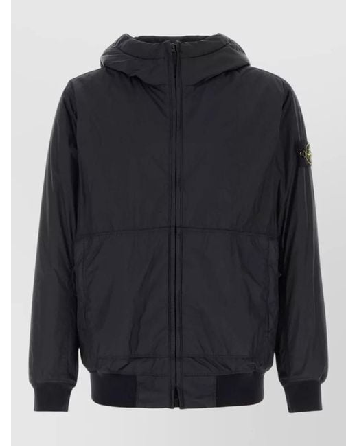 Stone Island Blue Hooded Nylon Jacket Ribbed Cuffs Hem for men
