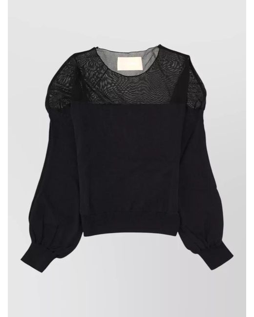 Circus Hotel Black Top Crew Neck Long Sleeves Sheer Panel
