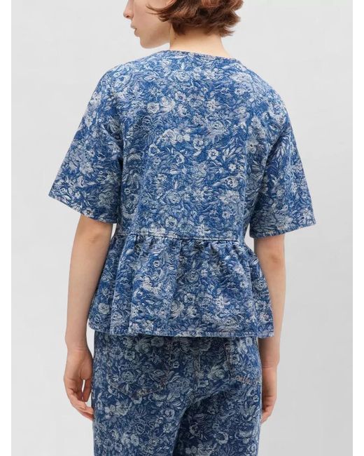 Ganni Blue Floral Peplum Blouse Round Neck Short Sleeves