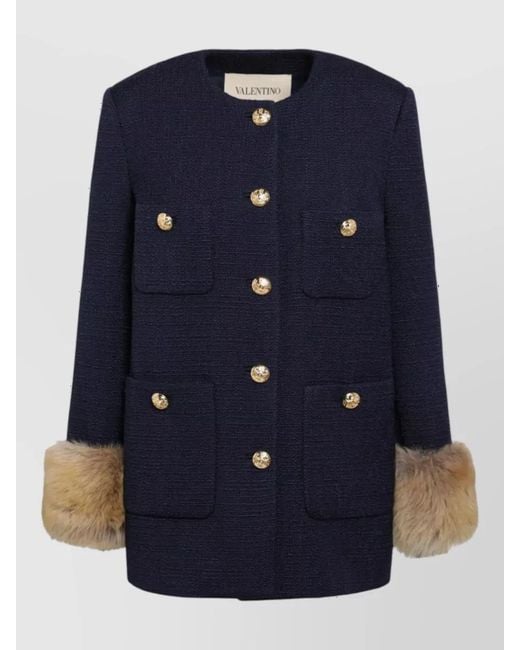 Valentino Blue Wool Tweed Caban Coat