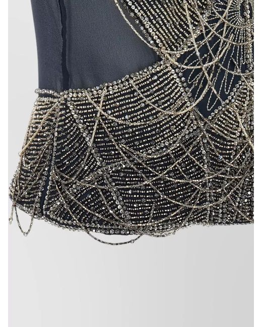 The Attico Blue Silk Beaded High Neck Short Sleeve Blouse
