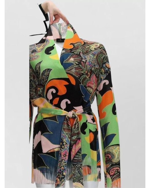 Etro Multicolor Jacket Belted Waist Fringe Hem Paisley