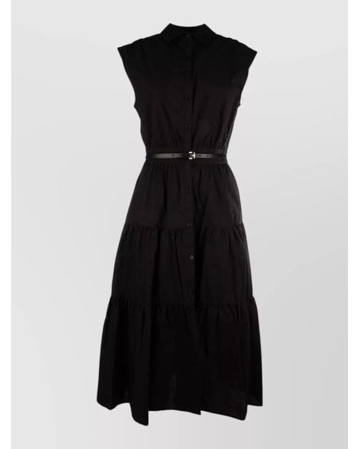 Michael Kors Black Dress Belted Waist Sleeveless Tiered Skirt