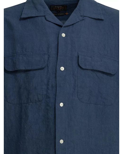 Beams Plus Blue Linen Short Sleeve Shirt Chest Pockets for men