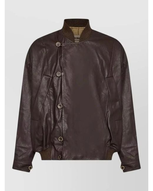 Uma Wang Brown Leather Ribbed-Collar Off-Center Jacket for men