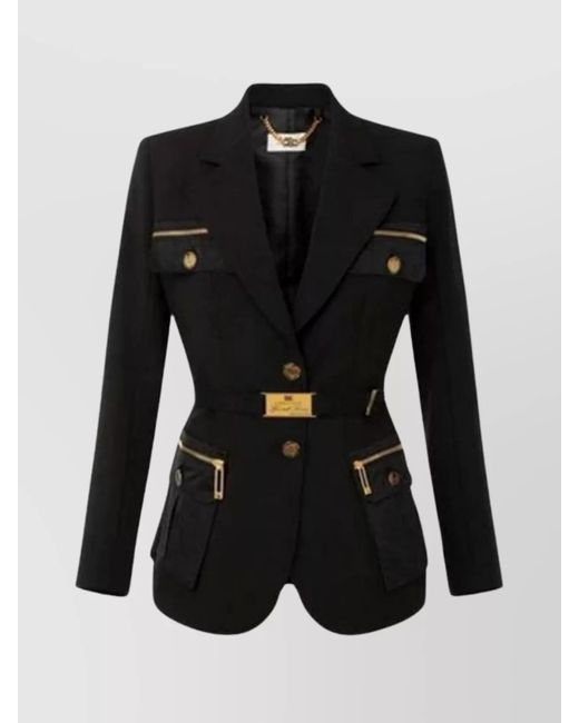 Elisabetta Franchi Black Belted Waist Jacket-Tone Hardware
