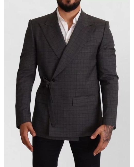 Dolce & Gabbana Gray Wool Checked Slim-Fit Double-Breasted Blazer for men