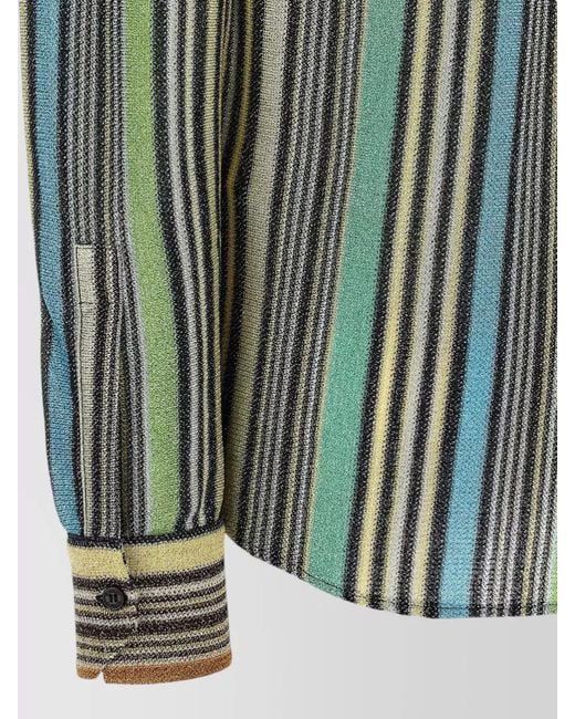 Missoni Green Metallic Viscose Knit Shirt Striped Cuffs