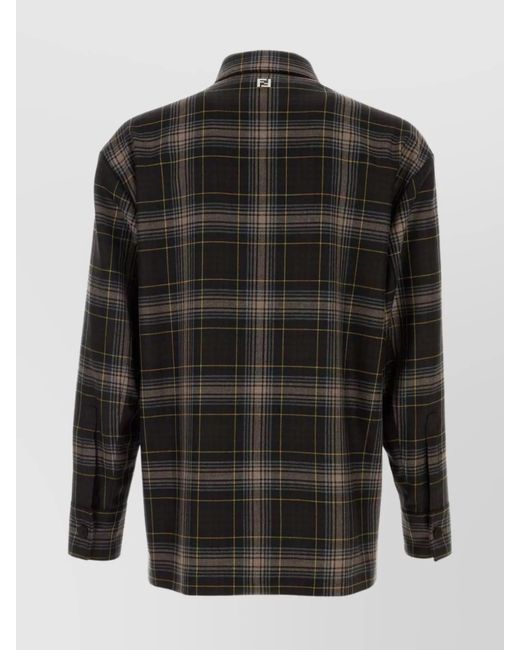Fendi Black Wool Shirt With Embroidered Checked Pattern for men