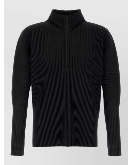Homme Plissé Issey Miyake Black High Collar Polyester Sweatshirt Ribbed Texture for men