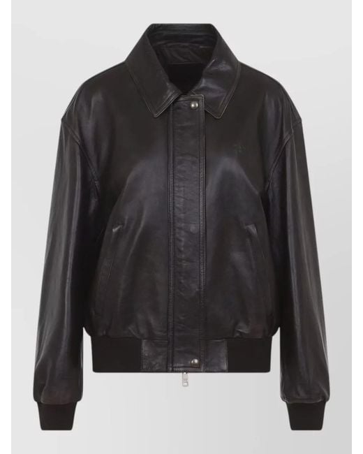 Prada Black Leather Bomber Jacket Relaxed Fit Ribbed Trims